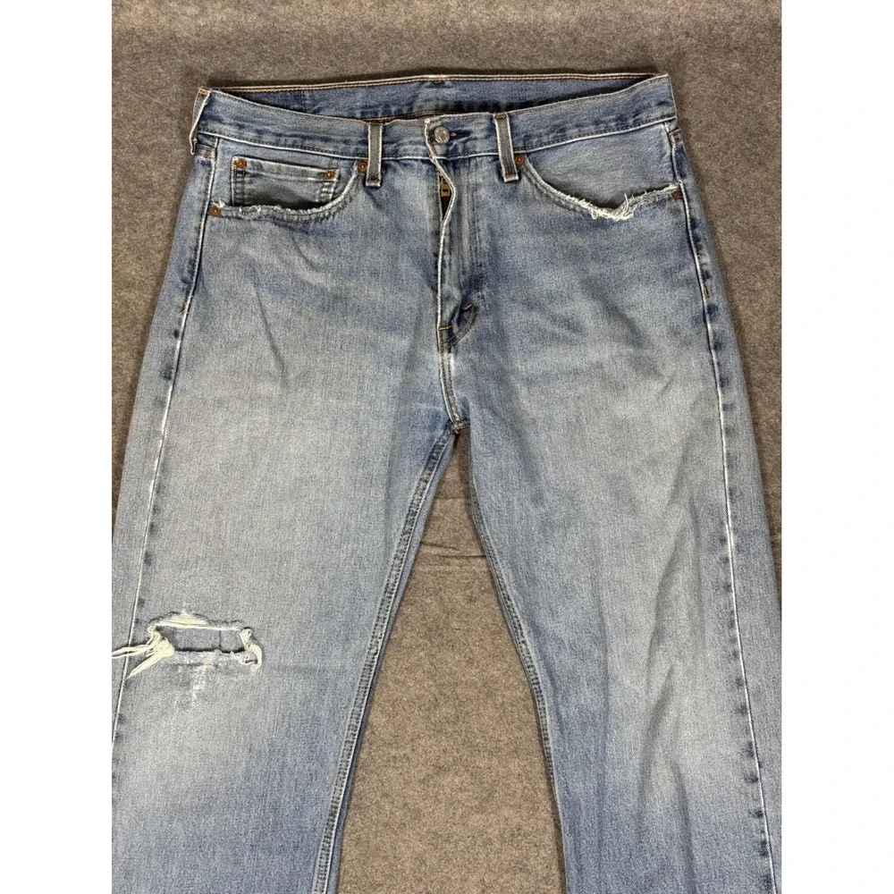 Levis 505 Regular Fit Straight Leg Light‎ Wash Distressed Blue Jeans Mens 35x32